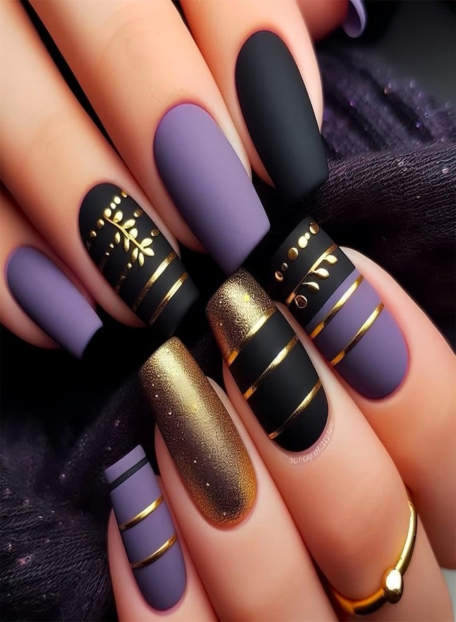 HJKDSFD Short Square Press on Nails Purple Black Fake Nails Gold Foil Lines Design Glue on Nail Cute Matte Acrylic False Nails Reusable Full Cover Artificial Nails for Women Girls 24Pcs - Image 1